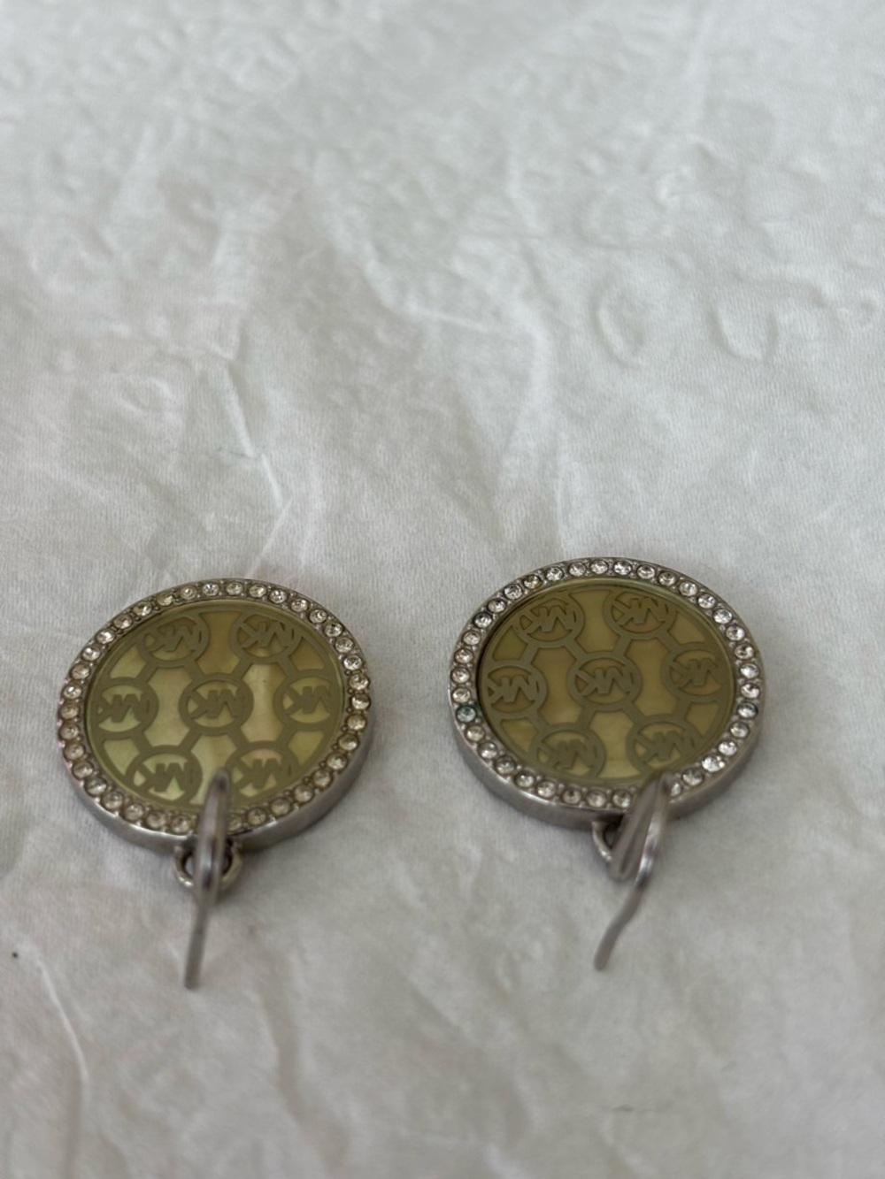 Michael Kors Silver-Tone MK Logo Drop Earrings with Mother-of-Pearl Pave Crystal - Picture 3 of 5